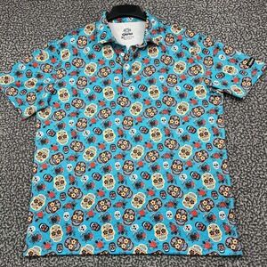 Kaipar Golf Polo Shirt Men XL Blue Sugar Skull Rose Print Short Sleeve